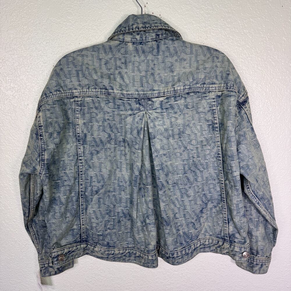 We The Free People Jacquard Letters Denim Jacket Womens Small Trucker Boho NEW - Picture 2 of 11